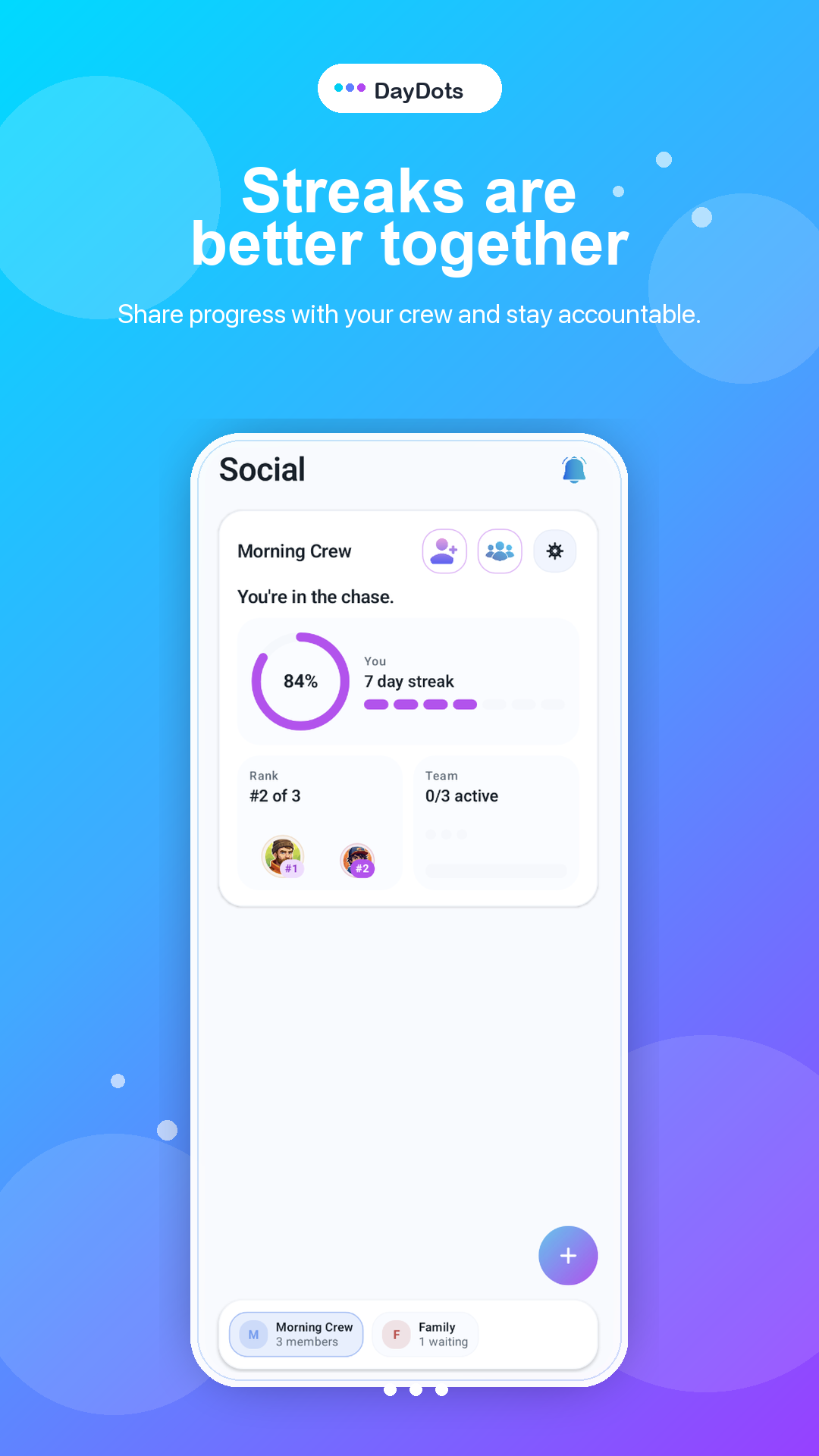 DayDots Social screen showing a Morning Crew group, streak progress, rank, and team activity.