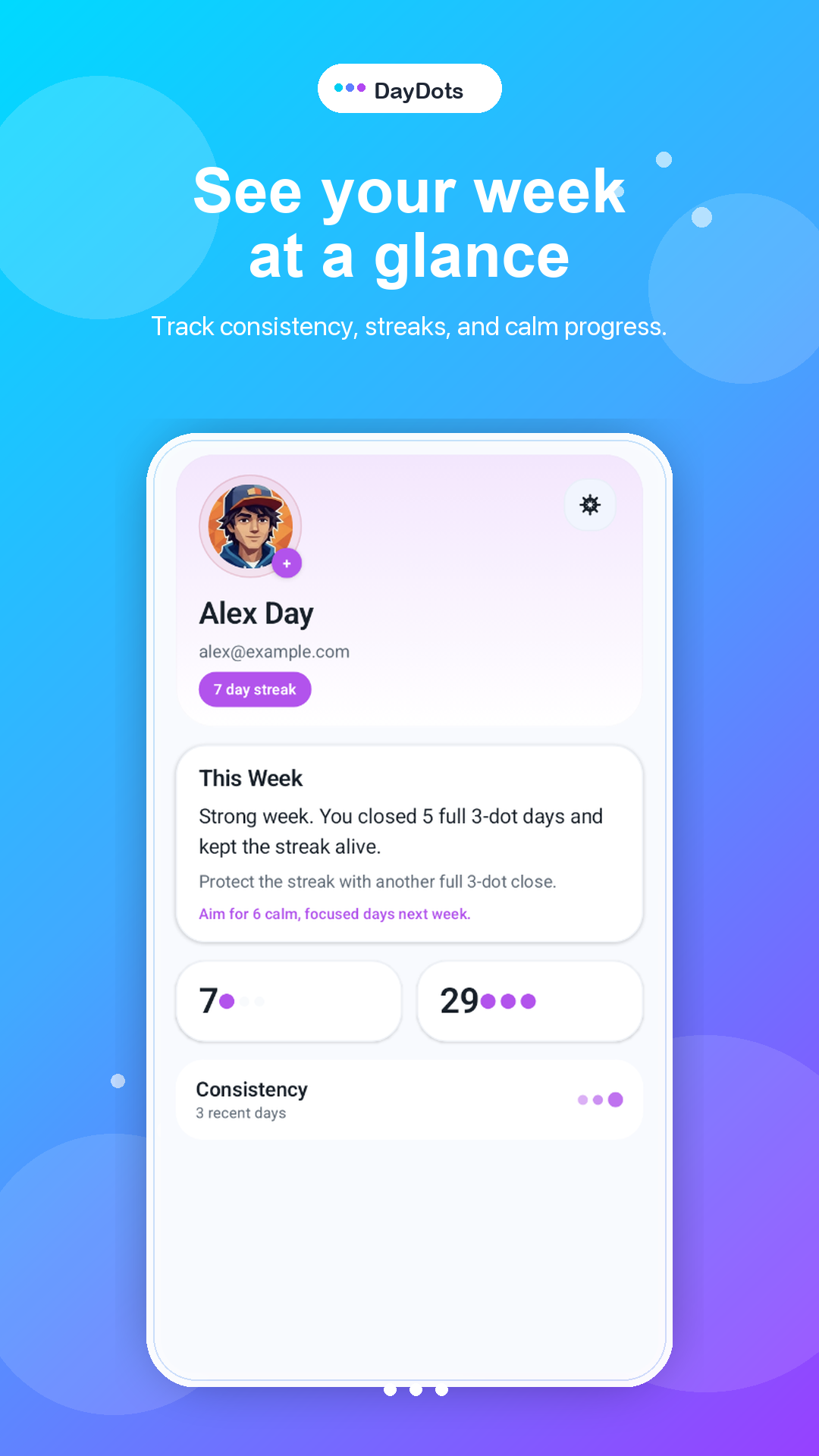 DayDots profile and weekly recap showing a seven day streak and consistency cards.